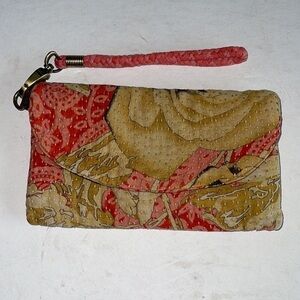 Sari Bari Tan And Red Floral Wristlet